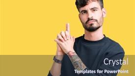  Presentation with weapons - Presentation design with young handsome man over isolated background holding symbolic gun with hand gesture playing killing shooting weapons angry face background and a tawny brown colored foreground