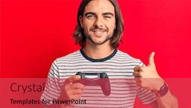  Presentation with controller - Cool new PPT theme with young-handsome-man-playing-video backdrop and a red colored foreground