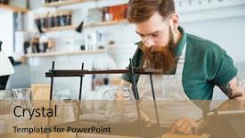  Presentation with coffee shop - Amazing slide deck having young handsome man preparing coffee in coffee shop backdrop and a coral colored foreground