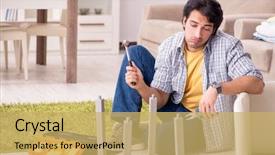  Presentation with home - Presentation design consisting of young handsome man repairing chair background and a yellow colored foreground