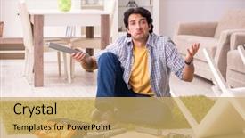  Presentation with special education young adult man - PPT theme enhanced with young handsome man repairing chair background and a  colored foreground