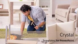  Presentation with directors chair - Colorful presentation theme enhanced with young handsome man repairing chair backdrop and a mint green colored foreground