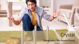  Presentation with directors chair - Cool new PPT theme with young handsome man repairing chair backdrop and a coral colored foreground