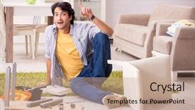  Presentation with home - PPT theme enhanced with young handsome man repairing chair background and a coral colored foreground