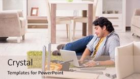  Presentation with young man on the phone - Beautiful PPT theme featuring young handsome man repairing chair backdrop and a soft green colored foreground