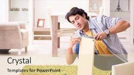  Presentation with home - Presentation design consisting of young handsome man repairing chair background and a lemonade colored foreground