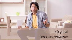  Presentation with home - Cool new theme with young handsome man repairing chair backdrop and a coral colored foreground