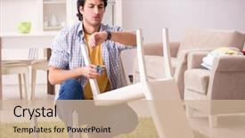  Presentation with home - Presentation theme featuring young handsome man repairing chair background and a soft green colored foreground