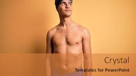  Presentation with swim - Presentation design having young-handsome-man-shirtless-wearing background and a gold colored foreground