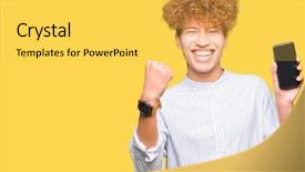  Presentation with smartphone - Slide deck consisting of young handsome man showing smartphone background and a  colored foreground