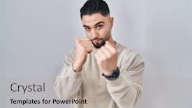  Presentation with fight - Presentation design featuring young-handsome-man-standing-over background and a mint green colored foreground