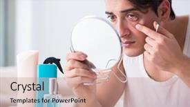  Presentation with one young man exercising handball - Audience pleasing presentation design consisting of man staring in the mirror backdrop and a coral colored foreground