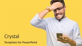  Presentation with shame - Amazing PPT theme having young handsome man texting using backdrop and a yellow colored foreground