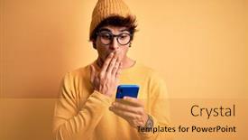  Presentation with smartphone - PPT theme enhanced with young-handsome-man-using-smartphone background and a yellow colored foreground