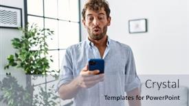  Presentation with smartphone - Presentation theme having young-handsome-man-using-smartphone background and a  colored foreground