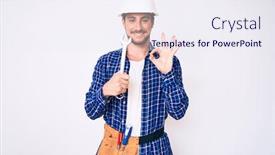 Presentation with handyman - Colorful presentation design enhanced with young-handsome-man-weaing-handyman backdrop and a sky blue colored foreground