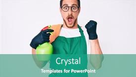  Presentation with sprayer - PPT theme enhanced with young-handsome-man-wearing-apron background and a teal colored foreground