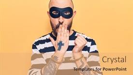  Presentation with hand handcuffs - Amazing slide deck having young-handsome-man-wearing-burglar backdrop and a coral colored foreground