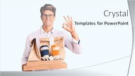  Presentation with food delivery - PPT theme featuring young-handsome-man-wearing-business background and a cool aqua colored foreground
