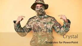  Presentation with abstract military camouflage made - Cool new slide set with young-handsome-man-wearing-camouflage backdrop and a yellow colored foreground