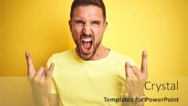  Presentation with yellow music - Slide deck consisting of young handsome man wearing casual yellow t-shirt over yellow isolated background shouting with crazy expression doing rock symbol with hands up music star heavy concept background and a yellow colored foreground