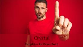  Presentation with angry - PPT theme with young handsome man wearing casual t-shirt over red isolated background pointing with finger up and angry expression showing no gesture background and a black colored foreground