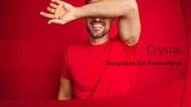  Presentation with eye popping funny cake pops - Slide deck having young handsome man wearing casual t-shirt over red isolated background covering eyes with arm smiling cheerful and funny blind concept background and a dark gray colored foreground