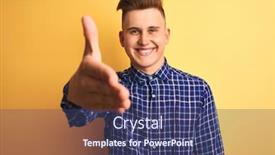  Presentation with business casual - Cool new slide set with young handsome man wearing casual shirt standing over isolated yellow background smiling friendly offering handshake as greeting and welcoming successful business backdrop and a ocean colored foreground