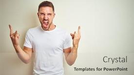  Presentation with rock star - Presentation design with young handsome man wearing casual white t-shirt over isolated background shouting with crazy expression doing rock symbol with hands up music star heavy music concept background and a light gray colored foreground