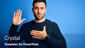  Presentation with hand palm - Beautiful PPT layouts featuring young-handsome-man-wearing-casual backdrop and a navy blue colored foreground