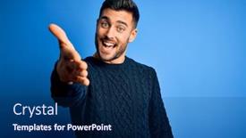  Presentation with blue handshake - Colorful presentation enhanced with young-handsome-man-wearing-casual backdrop and a navy blue colored foreground