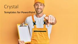  Presentation with courier - Presentation design with young-handsome-man-wearing-courier background and a yellow colored foreground