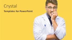  Presentation with anxiety - Slide set enhanced with young handsome man wearing doctor scientis coat over isolated background looking stressed and nervous with hands on mouth biting nails anxiety problem background and a yellow colored foreground