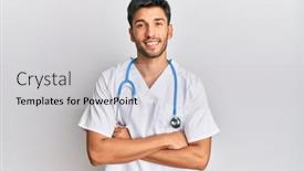 Presentation with camera - Beautiful PPT theme featuring young-handsome-man-wearing-doctor backdrop and a light gray colored foreground