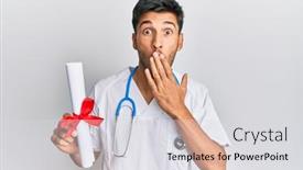  Presentation with woman covering man mouth hand - Beautiful theme featuring young-handsome-man-wearing-doctor backdrop and a light gray colored foreground