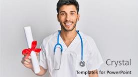  Presentation with handsome - Slide deck with young-handsome-man-wearing-doctor background and a light gray colored foreground