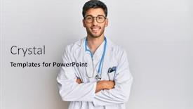  Presentation with army person pressing remote baton - Audience pleasing slides consisting of young-handsome-man-wearing-doctor backdrop and a light gray colored foreground