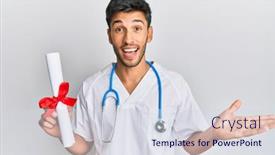  Presentation with medical robot hand and doctor - Cool new slides with young-handsome-man-wearing-doctor backdrop and a sky blue colored foreground