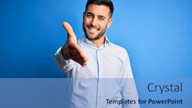  Presentation with blue handshake - Slide deck with young-handsome-man-wearing-elegant background and a light blue colored foreground