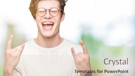  Presentation with rock music - Presentation design with young handsome man wearing glasses over isolated background shouting with crazy expression doing rock symbol with hands up music star heavy concept background and a lemonade colored foreground