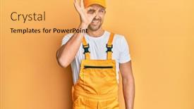  Presentation with handyman - Cool new slides with young-handsome-man-wearing-handyman backdrop and a yellow colored foreground