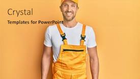  Presentation with handyman - Colorful presentation theme enhanced with young-handsome-man-wearing-handyman backdrop and a yellow colored foreground
