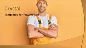 Presentation with army person pressing remote baton - PPT theme having young-handsome-man-wearing-handyman background and a yellow colored foreground