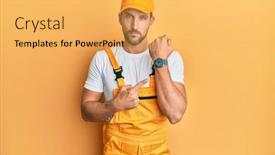  Presentation with handyman - Cool new slide set with young-handsome-man-wearing-handyman backdrop and a yellow colored foreground