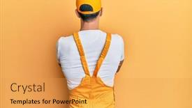  Presentation with handyman - Beautiful presentation theme featuring young-handsome-man-wearing-handyman backdrop and a yellow colored foreground