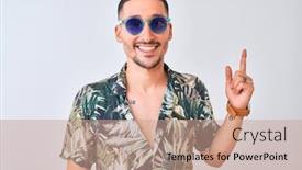  Presentation with hawaiian - Beautiful slide set featuring young handsome man wearing hawaiian sumer shirt and blue sunglasses over isolated background with a big smile on face pointing with hand and finger to the side looking at the camera backdrop and a coral colored foreground