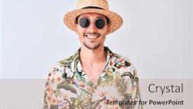  Presentation with happy sad face man - Beautiful presentation design featuring young handsome man wearing hawaiian shirt and summer hat over isolated background with a happy and cool smile on face lucky person backdrop and a coral colored foreground