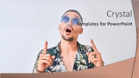  Presentation with hawaiian - Cool new presentation design with young handsome man wearing hawaiian sumer shirt and blue sunglasses over isolated background amazed and surprised looking up and pointing with fingers and raised arms backdrop and a light gray colored foreground