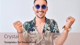 Presentation with blue eyes technology - PPT theme having young-handsome-man-wearing-hawaiian background and a coral colored foreground
