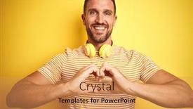  Presentation with love music - Beautiful PPT theme featuring young handsome man wearing headphones listening to music over yellow isolated background smiling in love showing heart symbol and shape with hands romantic concept backdrop and a yellow colored foreground